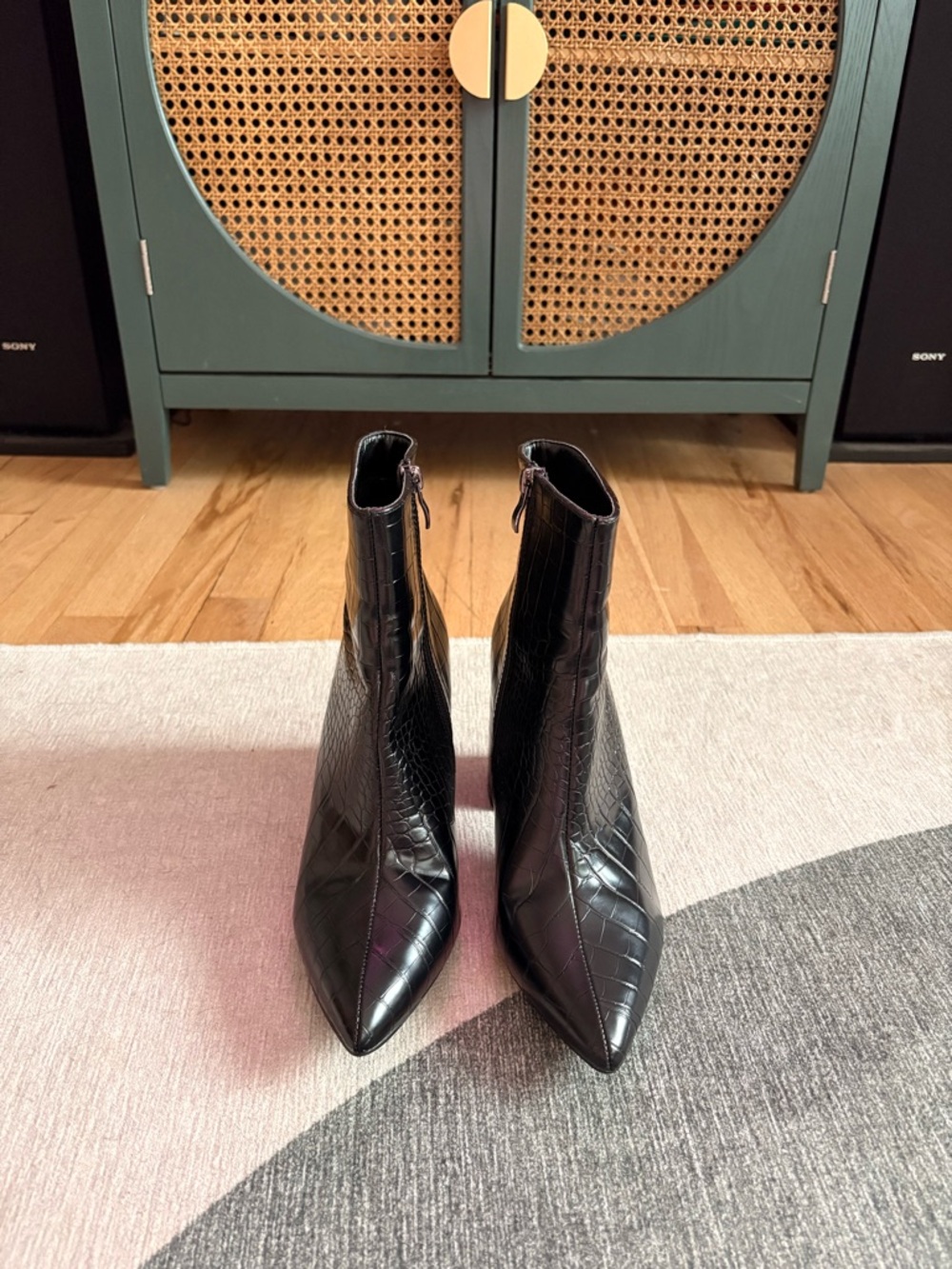 Boohoo Black Croc-Embossed Pointed Ankle Boots